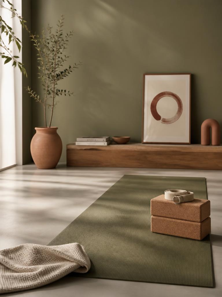 Estudio de yoga con luz suave y una colchoneta lista