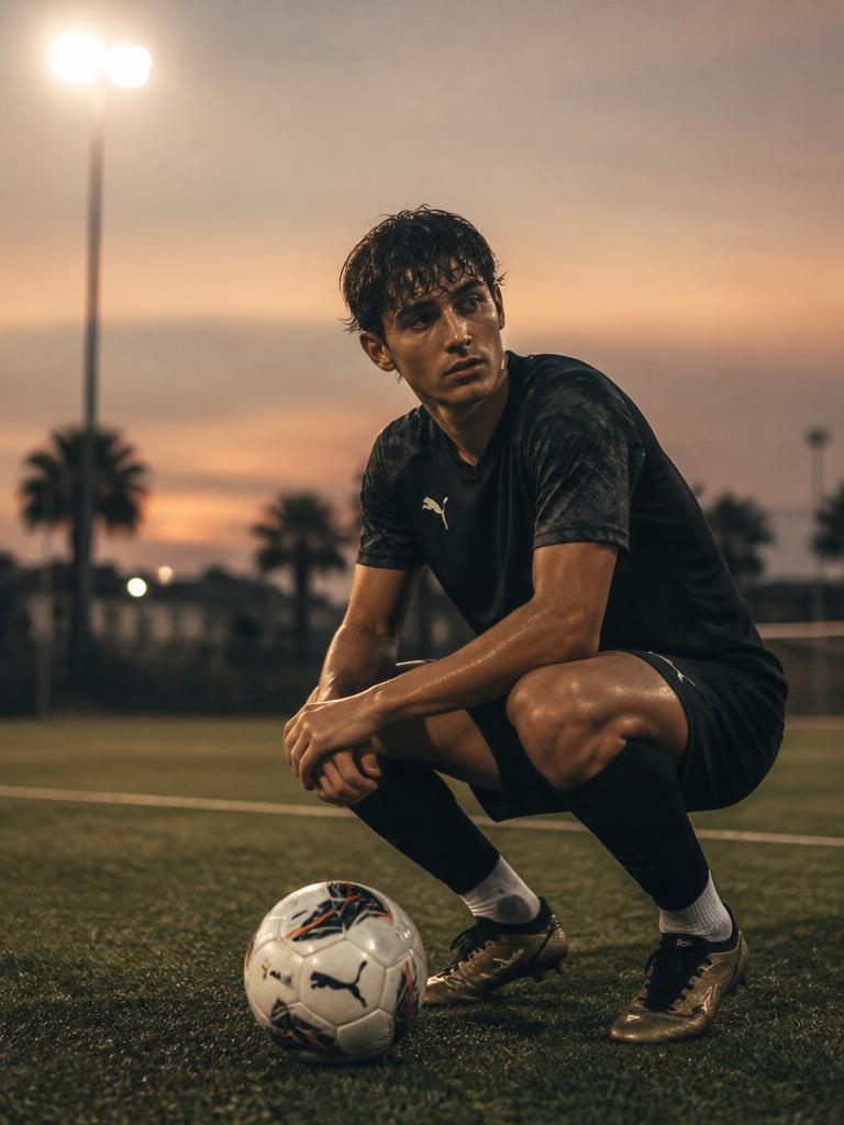 Balón de fútbol sobre césped artificial iluminado