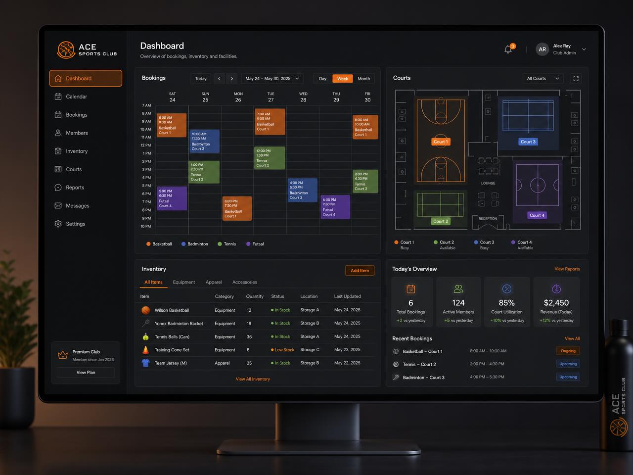 Panel de ágora con calendario de reservas, inventario y plano de canchas