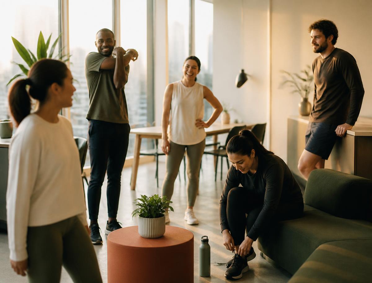 Equipo de trabajo en ropa deportiva durante una pausa activa corporativa